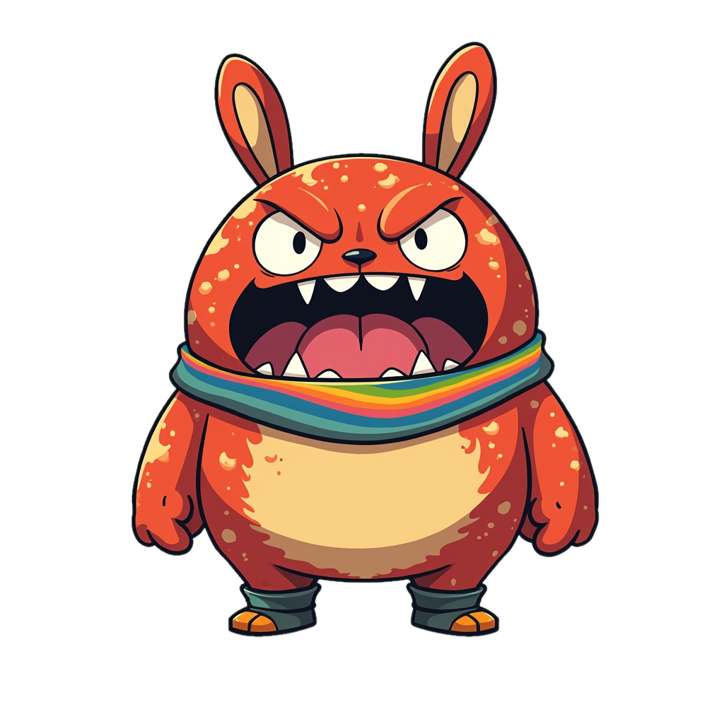 A red horned-rabbit yokai with rainbow scarf, mascot for the /r/ phoneme