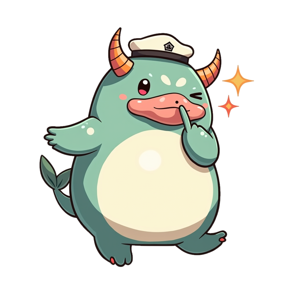 A pale teal seal-like yokai with a captain's hat, mascot for the /sh/ phoneme