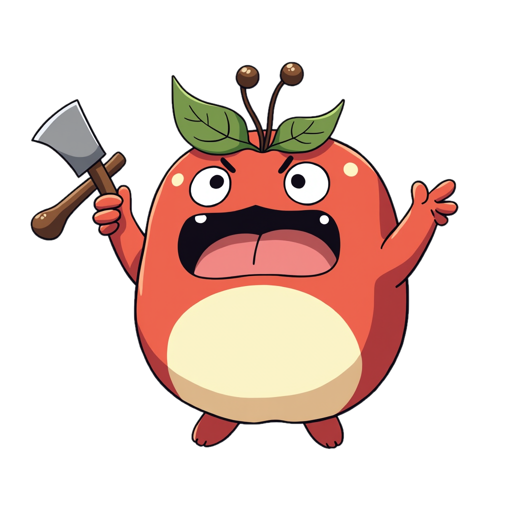 A red apple-shaped yokai with leaves and an axe, mascot for the short /a/ phoneme